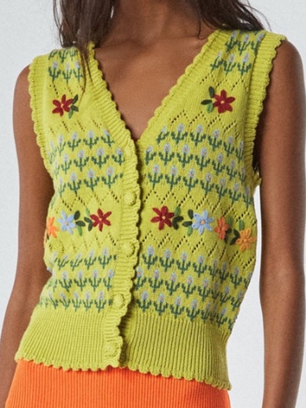 NEW Zara Women’s Embroidered Floral Button Front Sweater Vest Size Small S
